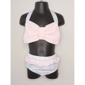 Toddler Pink Blue Striped Bow Bikini Size 3T/4T